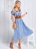 Robe Mi-Longue Linge A Ceinturée à Imprimé Fleur à Carreaux à Epaule Dénudée à Lacets - Bleu clair XXL