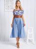 Robe Mi-Longue Linge A Ceinturée à Imprimé Fleur à Carreaux à Epaule Dénudée à Lacets - Bleu clair XXL