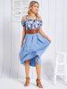 Robe Mi-Longue Linge A Ceinturée à Imprimé Fleur à Carreaux à Epaule Dénudée à Lacets - Bleu clair XXL