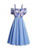 Robe Mi-Longue Linge A Ceinturée à Imprimé Fleur à Carreaux à Epaule Dénudée à Lacets - Bleu clair XXL