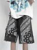 Paisley Pattern Frayed Hem Denim Shorts -  