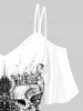 T-shirt Gothique Croisé Crâne Imprimée à Epaule Dénudée - Blanc 5x | US 30-32