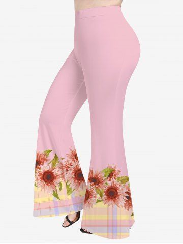 Plus Size Plaid Sunflower Leaf Colorblock Print Flare Pants - LIGHT PINK - 3X | US 22-24