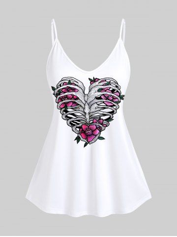 Gothic Heart Skeleton Flower Print Cami Top (Adjustable Shoulder Strap) - WHITE - 4X | US 26-28