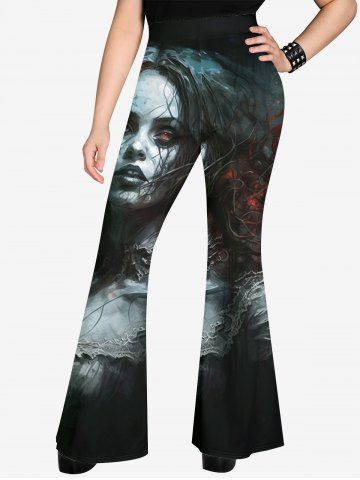 Gothic Blood Girl Print Flare Pants - BLACK - XS