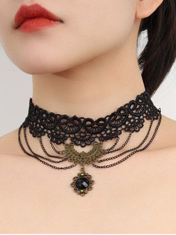 Jewelry Pendant Tassel Lace Choker - BLACK