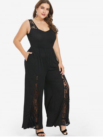 Combinaison Panneau en Dentelle de Grande Taille à Jambe Large - BLACK - 2X | US 18-20