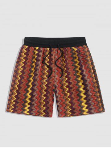 Rib Waist Zigzag Striped Drawstring Ethnic Casual Knitted Shorts - DEEP RED - XL