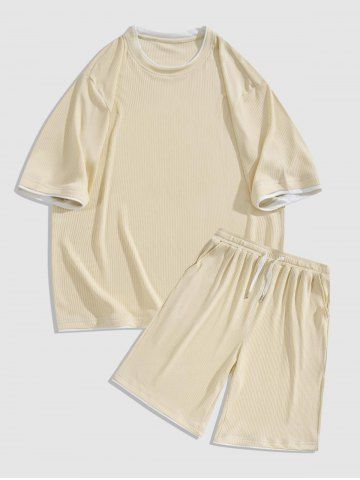 Color Spliced Iced Silk Textured Short Sleeves T-shirt and Shorts Set - LIGHT YELLOW - L