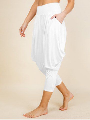 Elastic High Waist Draped Lantern Pants - WHITE - XXL