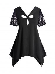 Plus Size Twist Cut Out Sheer Lace Asymmetrical Hem Plain Color T Shirt -  