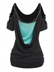 Cold Shoulder Cowl Neck Chain Detail Colorblock Ruched Faux Twinset T-shirt -  