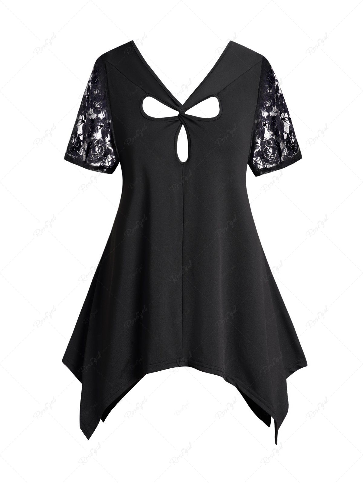 Best Plus Size Twist Cut Out Sheer Lace Asymmetrical Hem Plain Color T Shirt  