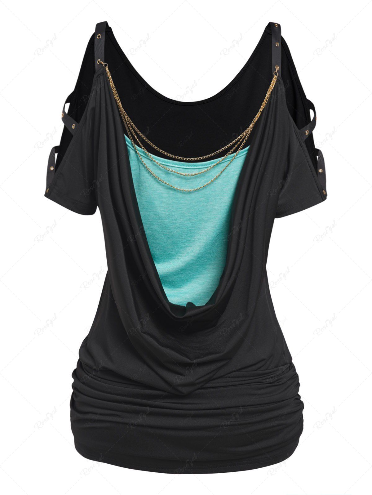 Best Cold Shoulder Cowl Neck Chain Detail Colorblock Ruched Faux Twinset T-shirt  
