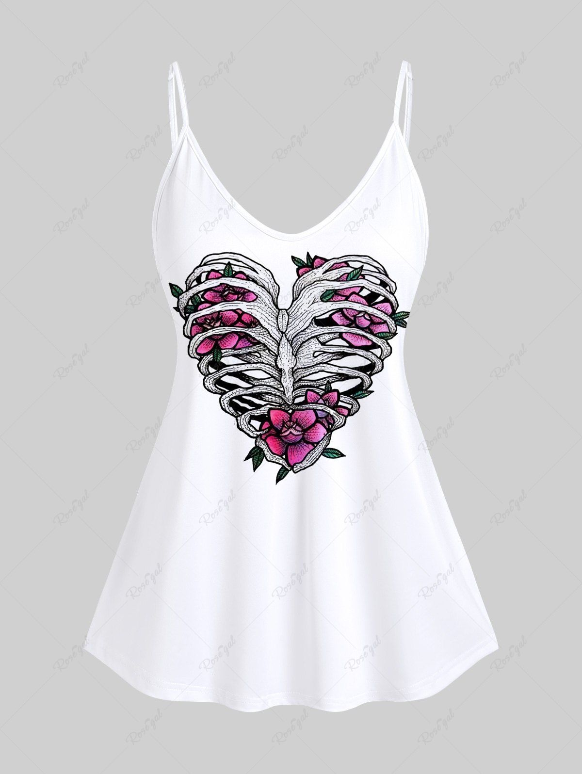Online Gothic Heart Skeleton Flower Print Cami Top (Adjustable Shoulder Strap)  