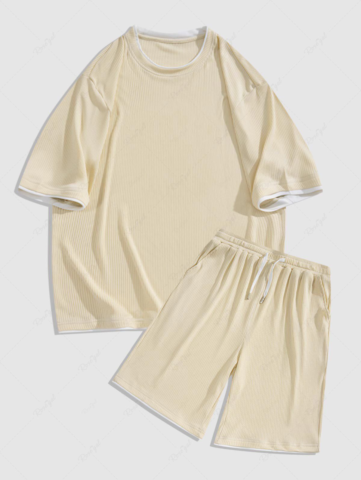 Cheap Color Spliced Iced Silk Textured Short Sleeves T-shirt and Shorts Set  