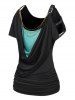 Cold Shoulder Cowl Neck Chain Detail Colorblock Ruched Faux Twinset T-shirt -  