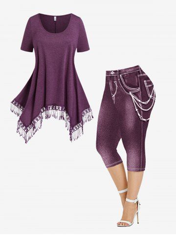 Tassel Hollow Out Lace Trim Short Sleeve T-Shirt and 3D Chain Jeans Printed Leggings Plus Size Outfit - PURPLE