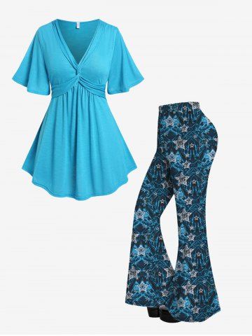 Twist Ruched V Neck Short Sleeve T-shirt and Stars Printed Flare Pants Plus Size Outfit