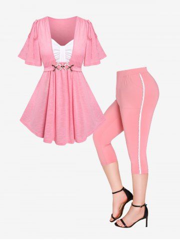 Cinched Ruched Knot Flutter Sleeves 2 in 1 Tee and Faux Pearls Capri Pants Plus Size Summer Outfit - LIGHT PINK