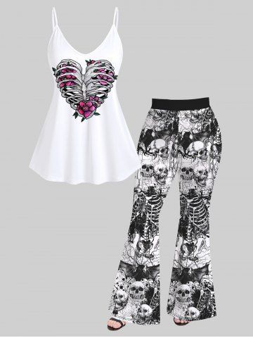 Heart Skeleton Flower Print Cami Top And 3D Skull Skeleton Bat Print Flare Pants Gothic Outfit