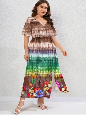 Plus Size Tie Dye Flowers Print Split Dress - COFFEE - S | US 8