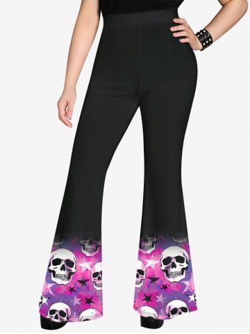Gothic Skulls Stars Colorblock Print Flare Pants - BLACK - 1X