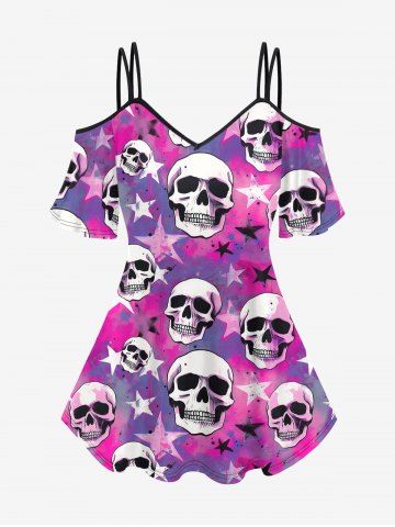 Gothic Skulls Stars Print Cold Shoulder T-shirt - PURPLE - M | US 10