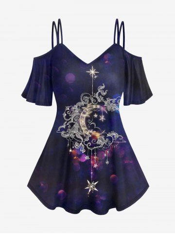 Plus Size Galaxy Moon Stars Cloud Print Cold Shoulder T-shirt - BLACK - L | US 12
