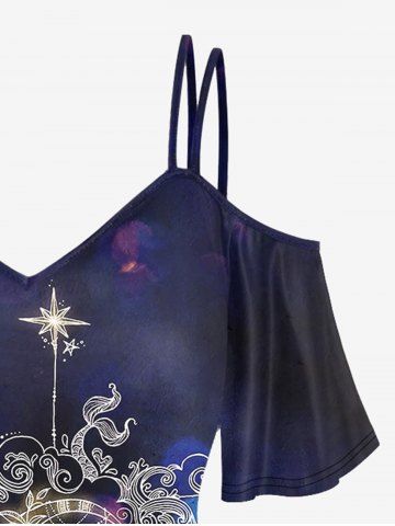 Plus Size Galaxy Moon Stars Cloud Print Cold Shoulder T-shirt