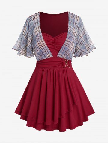 Plus Size Plaid Buckle Ruched Ruffles Short Sleeves T-Shirt - DEEP RED - M | US 10