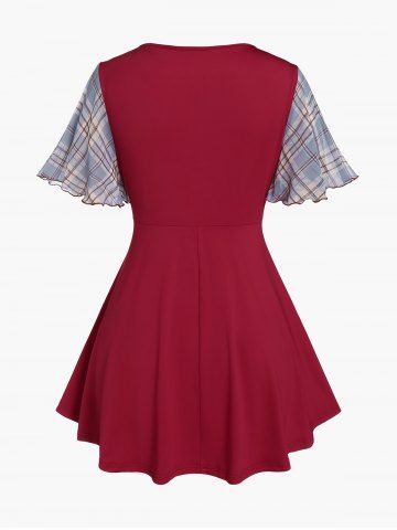 Plus Size Plaid Buckle Ruched Ruffles Short Sleeves T-Shirt