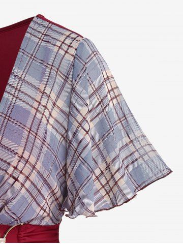 Plus Size Plaid Buckle Ruched Ruffles Short Sleeves T-Shirt