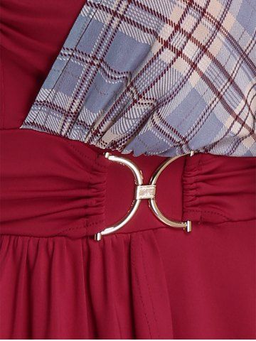 Plus Size Plaid Buckle Ruched Ruffles Short Sleeves T-Shirt