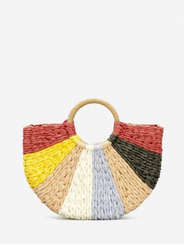 Colorblock Straw Braided Beach Boho Tote Bag - MULTI-A