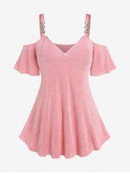 Plus Size Chains O-ring Zipper Cold Shoulder T-shirt -  