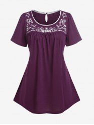 Plus Size Embroidered Panel Button Ruched Short Sleeves T-shirt -  
