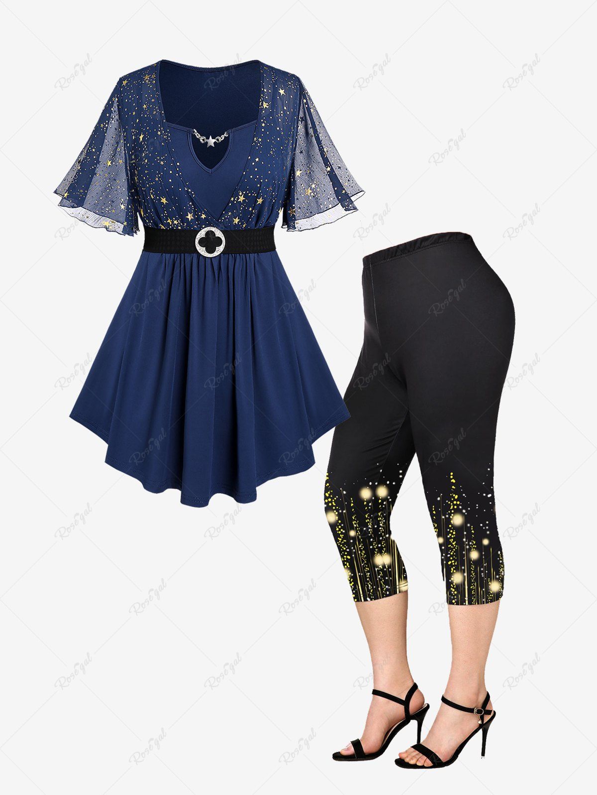 New Sparkles Star Flutter Sleeves Belt Tee and Capri Leggings Plus Size Summer Outfit  