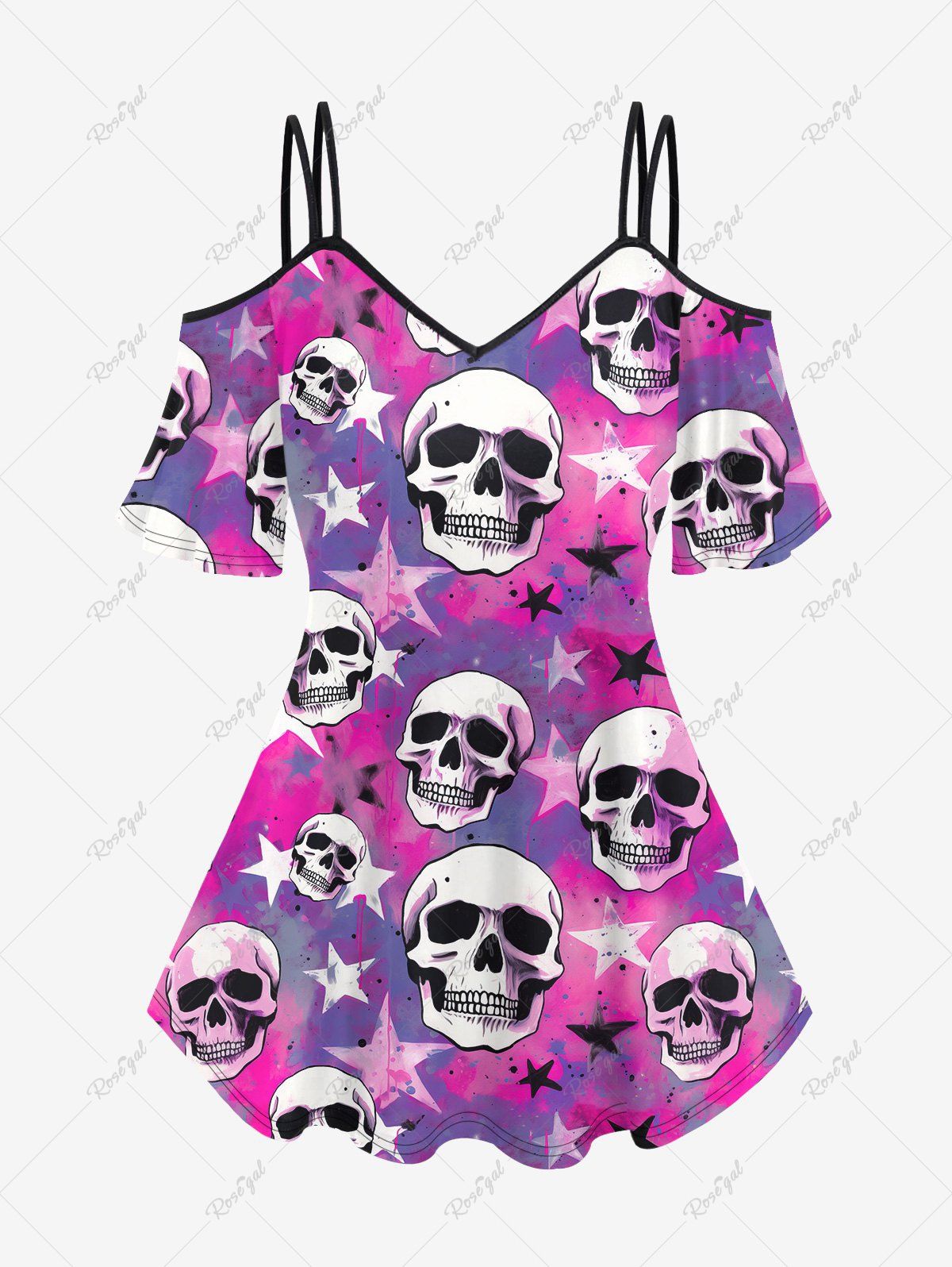 T-shirt Gothique Etoile Crâne Imprimée à Epaule Dénudée Pourpre  3X | US 22-24