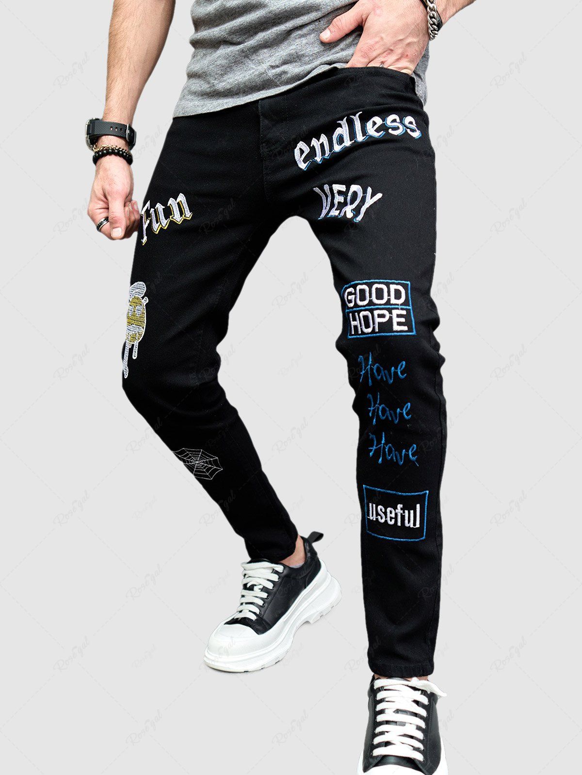 Fashion Letter Graphic Embroidered Straight Leg Jeans  