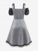 Plus Size Lace-up Ruched Lace Trim Cold Shoulder Vintage Dress -  