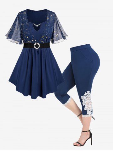 3D Sparkling Sequin Star Printed Chain Panel Belted T-Shirt and Contrast Lace Panel Leggings with Pocket Plus Size Outfit - DEEP BLUE