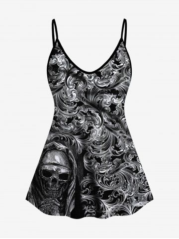 Gothic Skulls Retro Pattern Print Cami Top (Adjustable Shoulder Strap) - BLACK - 2X