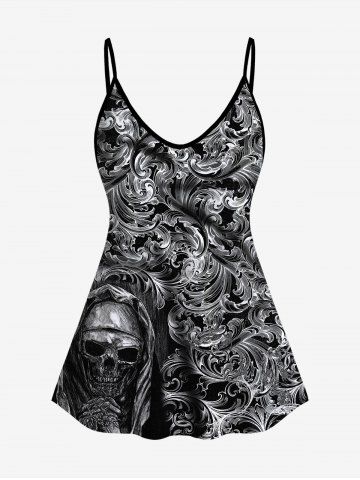 Gothic Skulls Retro Pattern Print Cami Top (Adjustable Shoulder Strap) - BLACK - XS