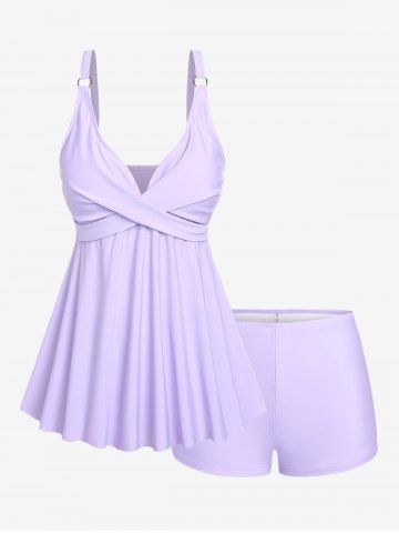 Plus Size Twist O-ring Boyleg Tankini Swimsuit (Adjustable Shoulder Strap) - LIGHT PURPLE - L | US 12
