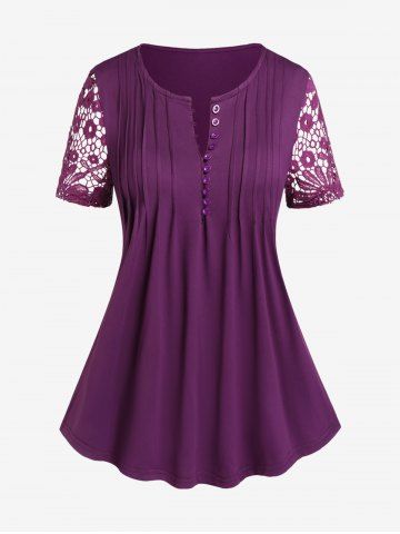 Plus Size Half Button Pintuck Lace Sleeves T-shirt - CONCORD - 2XL