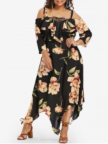 Plus Size Flower Print Lace Up Cold Shoulder Handkerchief Dress - BLACK - 2X | US 18-20