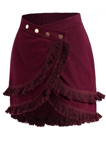 Mock Button Layered Tassel High Low Mini Skirt - DEEP RED - S