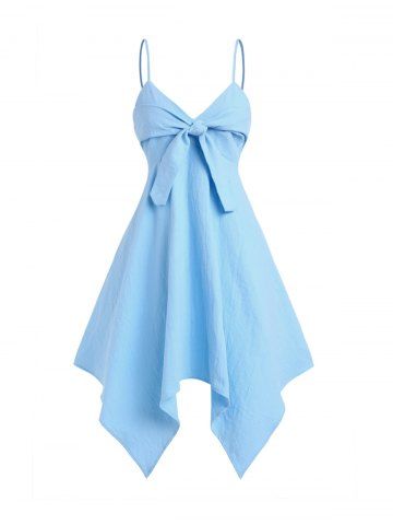 Pastel Color Knotted Spaghetti Strap Empire Wast Asymmetrical Midi Dress - LIGHT BLUE - XXL