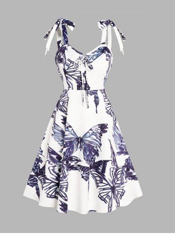 Butterfly Print Lace Up Tied Shoulder Sleeveless High Waisted A Line Midi Dress - WHITE - S